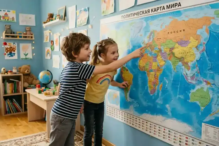 Настенная политическая карта мира — незаменимый элемент детской комнаты